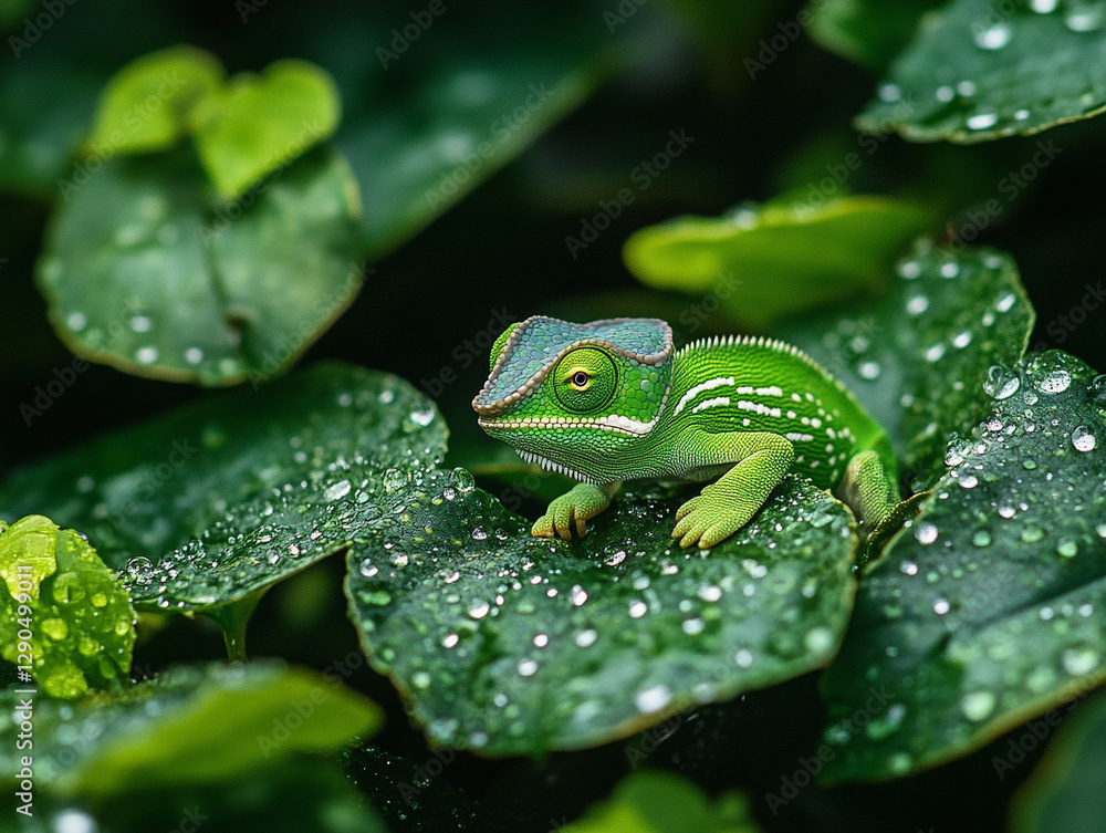 Chameleon resting on leaves with droplets in the rainforest Chameleon resting on leaves with droplets in the rainforest