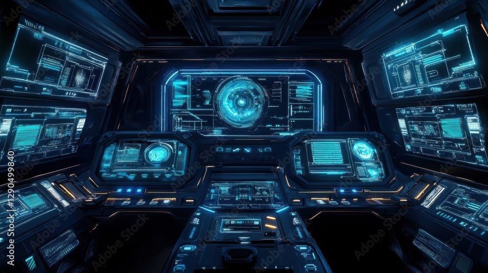 A high-tech interface with holographic elements, data streams, and neon blue light effects. A high-tech interface with holographic elements, data streams, and neon blue light effects.