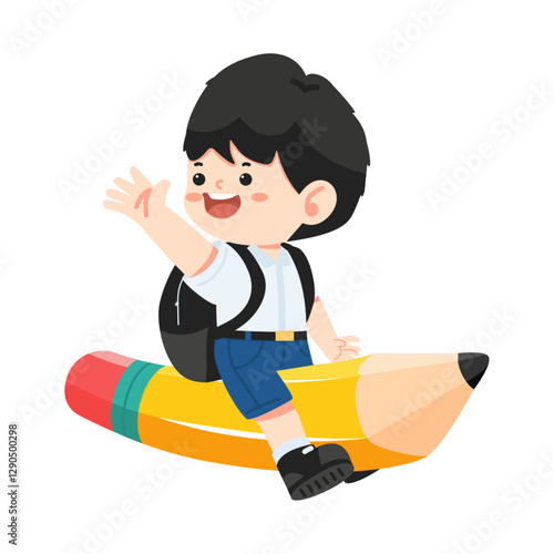 Boy student flying on a pencil