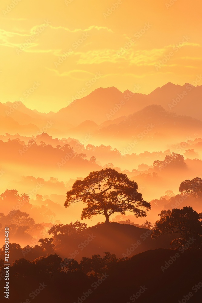 Fototapeta premium Misty mountain range background with orange sky and tree on a hill for scenic views