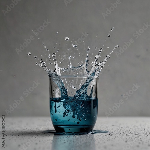 a glass with blue water splash on black background
