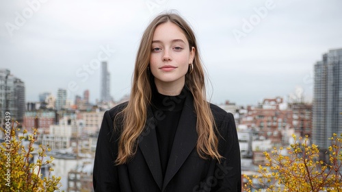 Young woman on rooftop overlooking city.  Possible use  fashion, lifestyle, people, urban background photo