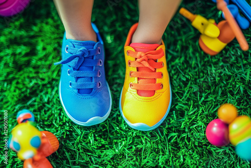 Children's feet in bright sneakers on green grass with toys photo