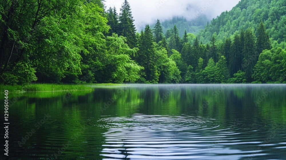 Serene Green Landscape with Calm Lake and Lush Forest Surroundings Serene Green Landscape with Calm Lake and Lush Forest Surroundings