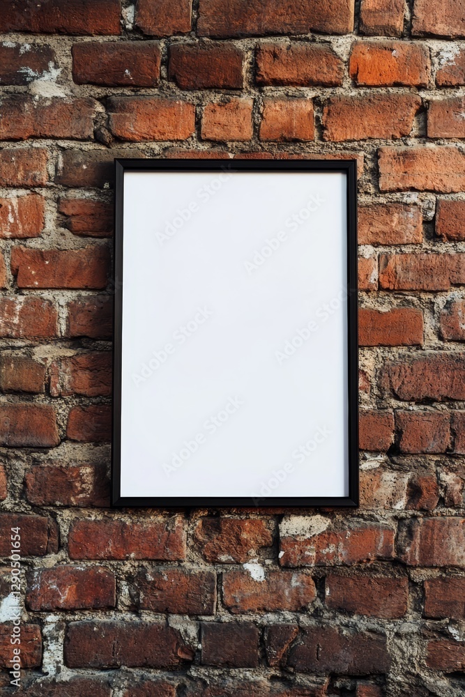 A blank picture frame hangs on a rustic brick wall, providing a minimalist backdrop for potential artwork or design.