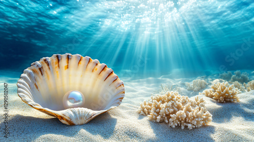 Fototapeta Naklejka Na Ścianę i Meble -  White mollusk shell with pearl on the bottom of a transparent ocean or blue sea. Banner template design for advertising tourism, vacation and travel to the sea with space for text
