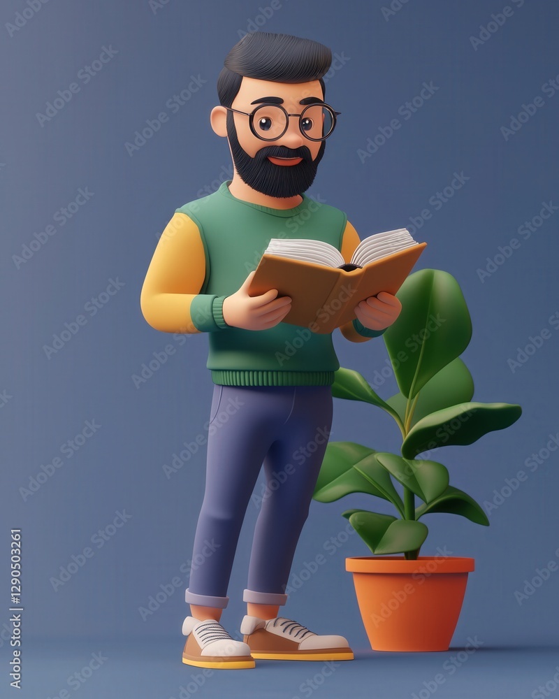 Cartoon character enjoying a book This 3D rendering features a stylish bearded man engrossed in reading creating a cozy and intellectual vibe Cartoon character enjoying a book This 3D rendering features a stylish bearded man engrossed in reading creating a cozy and intellectual vibe