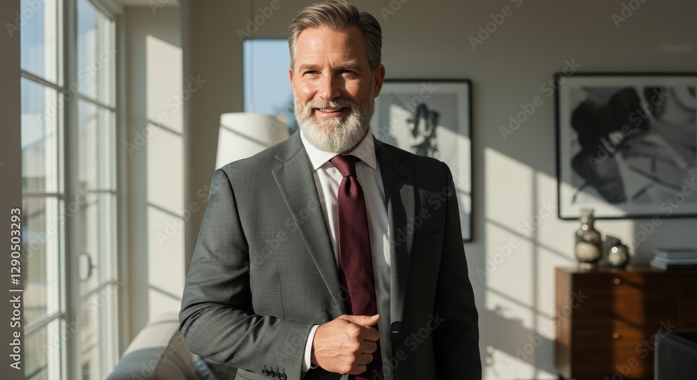 Confident Businessman in Office Setting Smiling in Natural Light, Business Leadership and Professional Success Concept Photograph Confident Businessman in Office Setting Smiling in Natural Light, Business Leadership and Professional Success Concept Photograph