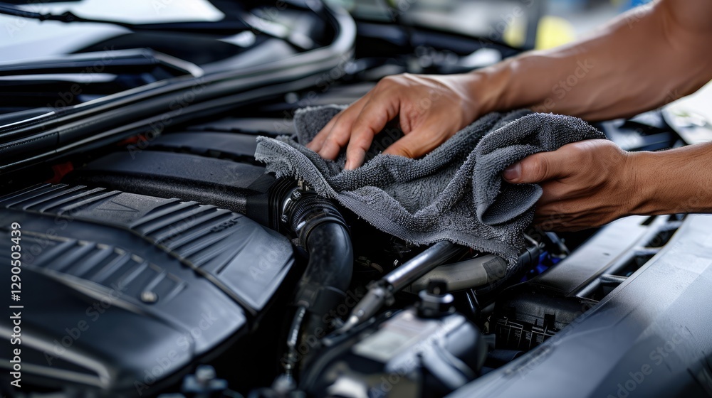 Cleaning Car Engine with a Grey Towel Cleaning Car Engine with a Grey Towel