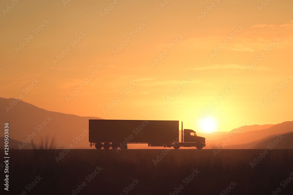 Fototapeta premium Silhouette of a truck on a road during sunset against mountainous landscape