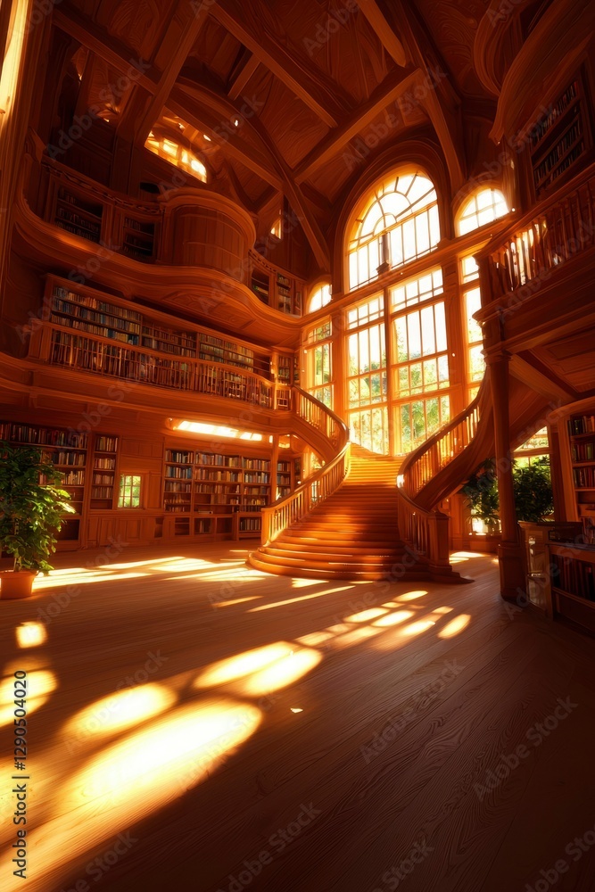 Obraz Elegant wooden library with stairs, books, and sunlit windows for learning