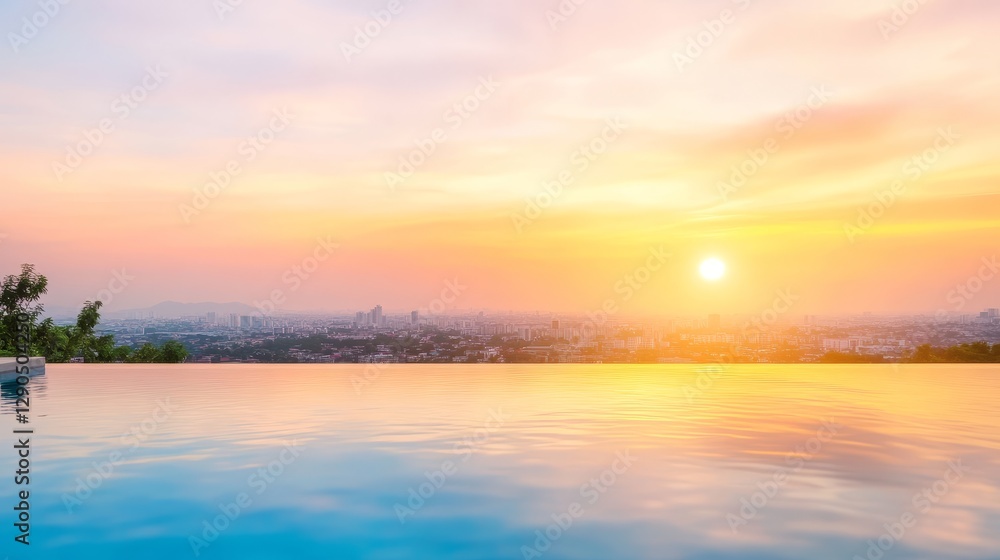 Fototapeta premium Sunset Cityscape Reflection in Infinity Pool, landscape photography, cityscape, sunset Cityscape, Infinity Pool
