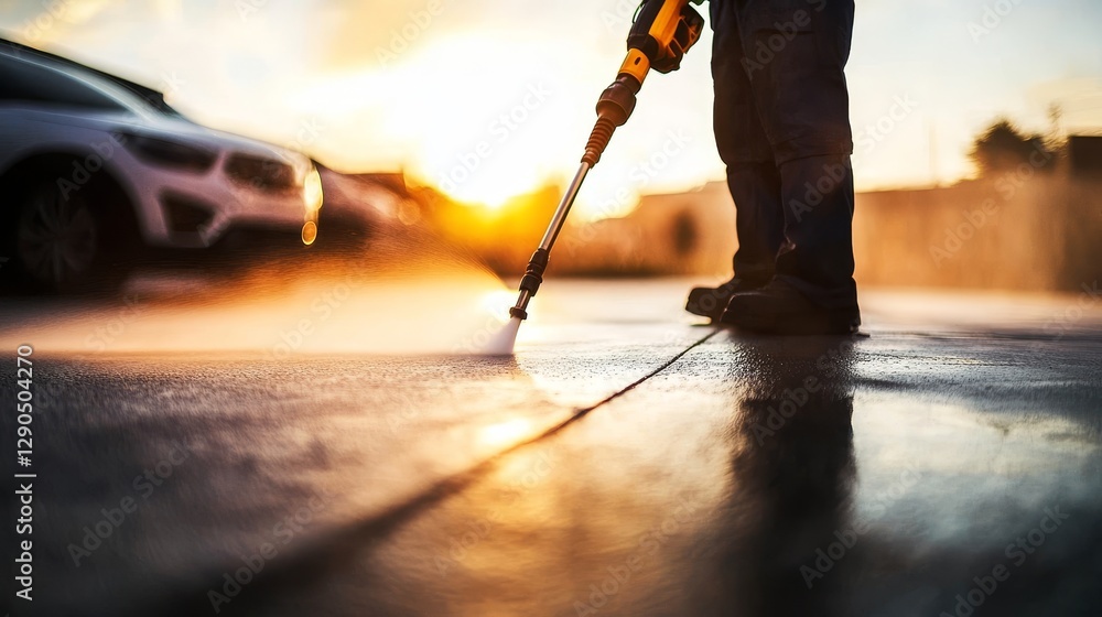 Naklejka premium Sunset Pressure Washing Low Angle Composition, Water Spray Detail, Cleaning Concept pressure washer, car wash