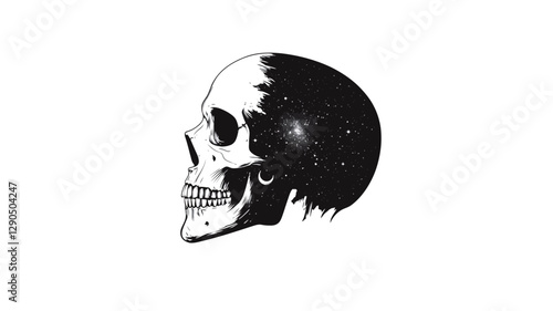 A vector illustration depicting a human skull in profile view.  The left half of the skull is rendered in a realistic style, showing bone structure and details. The right half is filled