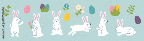 Set of Easter cliparts - bunnies, eggs, flowers. Concept of Easter, spring, holiday. Vector hand drawn background.