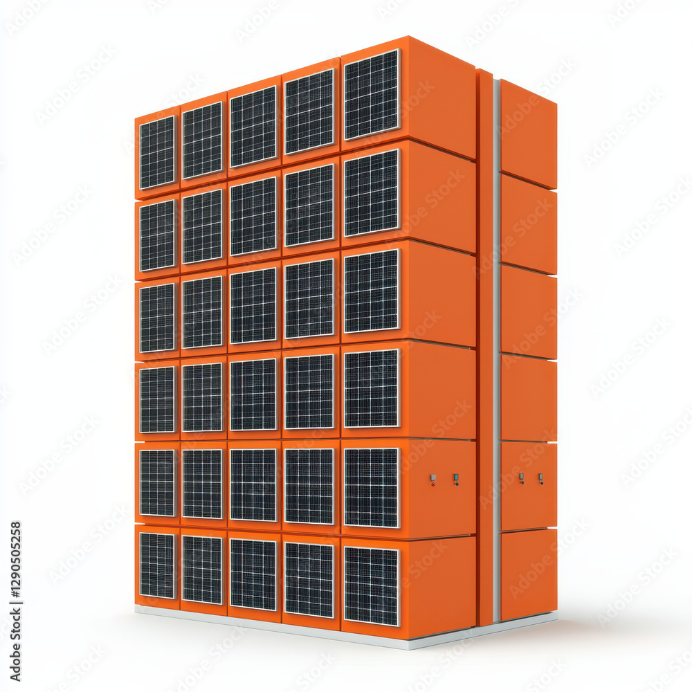 Scalable orange battery storage system with solar panels isolated design on white background Scalable orange battery storage system with solar panels isolated design on white background