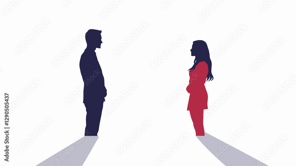 The image is a minimalist illustration featuring two stylized silhouettes, a male and a female figure, facing each other against a white background. The male figure is rendered in dark The image is a minimalist illustration featuring two stylized silhouettes, a male and a female figure, facing each other against a white background. The male figure is rendered in dark