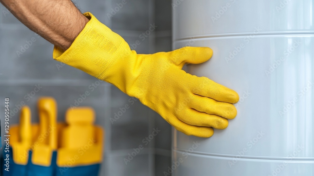Close-up of Hand in Yellow Glove Inspecting White Tank,Plumbing Repair,Water Heater Maintenance Plumbing, Repair Close-up of Hand in Yellow Glove Inspecting White Tank,Plumbing Repair,Water Heater Maintenance Plumbing, Repair