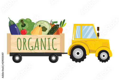 Bright yellow tractor pulling a trailer filled with fresh organic vegetables, perfect for farm and eco concepts