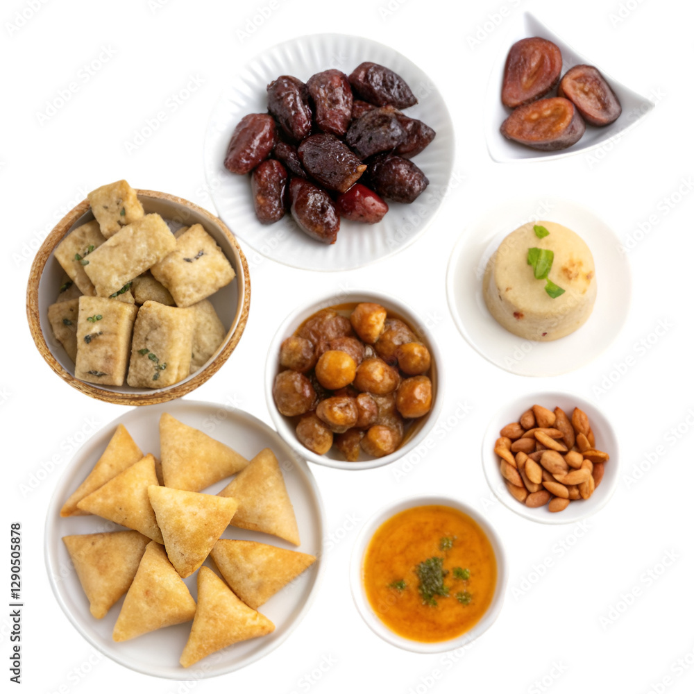 Beautifully arranged iftar item on white background Beautifully arranged iftar item on white background