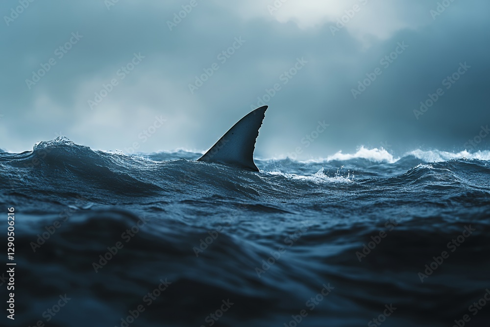 Fototapeta premium Shark fin emerging from ocean waves under moody sky