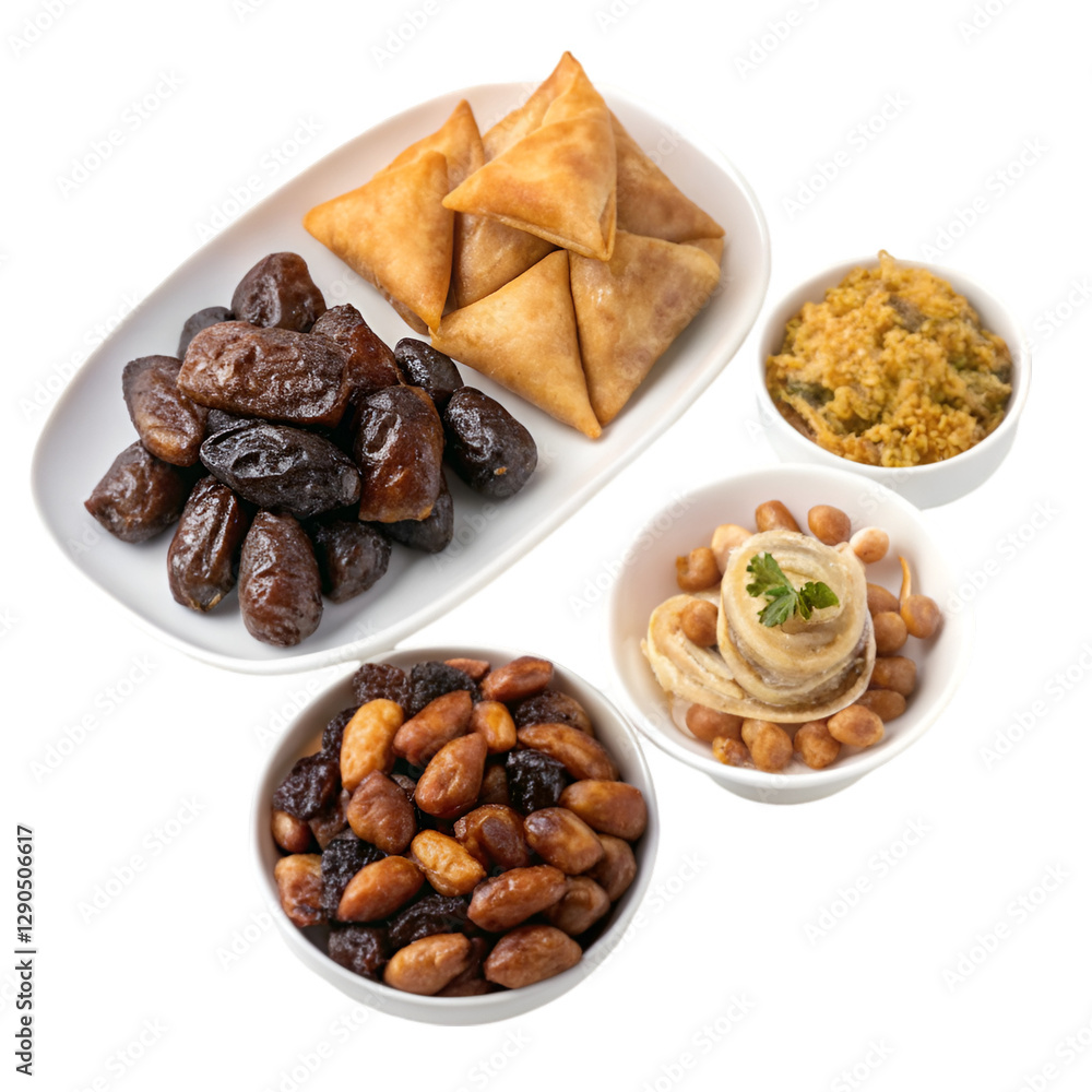 Beautifully arranged iftar item on white background Beautifully arranged iftar item on white background