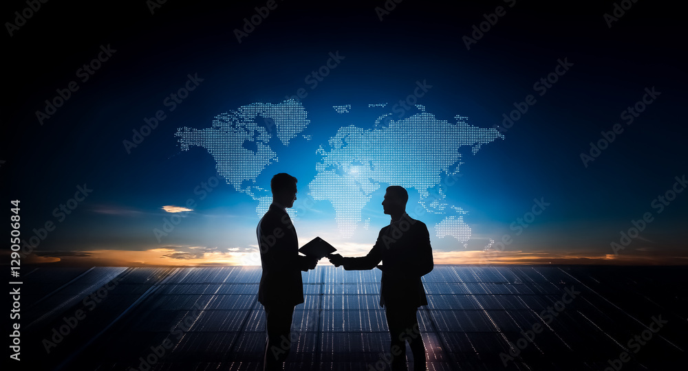 Two silhouetted figures shake hands against a backdrop of a world map and a vibrant sunrise or sunset, symbolizing global business and international cooperation. Two silhouetted figures shake hands against a backdrop of a world map and a vibrant sunrise or sunset, symbolizing global business and international cooperation.