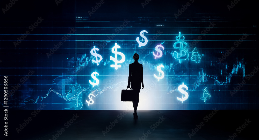 Silhouette of person in suit with briefcase surrounded by dollar symbols on digital stock market graph backdrop. Representing business, finance, and investment concepts. Silhouette of person in suit with briefcase surrounded by dollar symbols on digital stock market graph backdrop. Representing business, finance, and investment concepts.