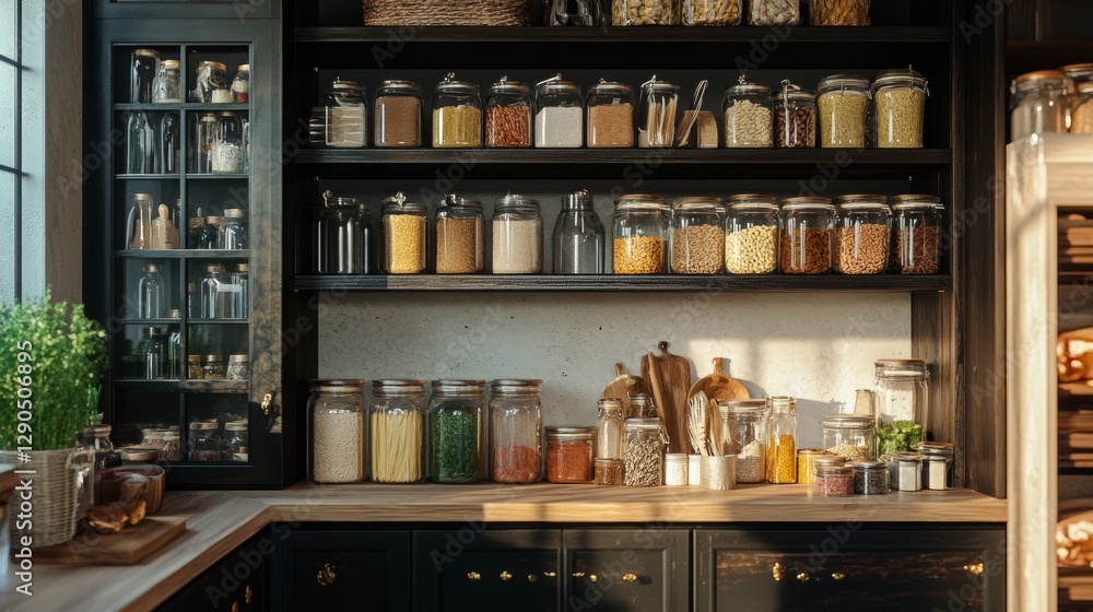 Organized Pantry with Glass Jars, Fresh Ingredients, and Kitchen Essentials for Home Cooking Enthusiasts Organized Pantry with Glass Jars, Fresh Ingredients, and Kitchen Essentials for Home Cooking Enthusiasts