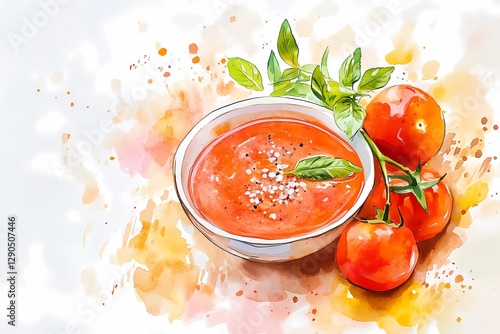 Traditional gazpacho soup in a bowl with fresh ingredients, vibrant red color, and a rustic presentation, perfect for summer meals, book illustration style