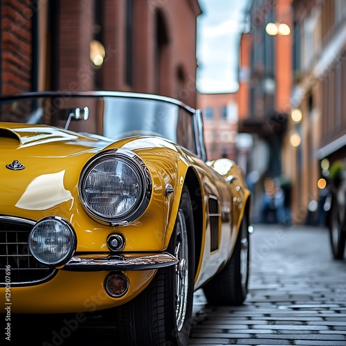 Fototapeta Naklejka Na Ścianę i Meble -  Yellow vintage car in cobblestone street