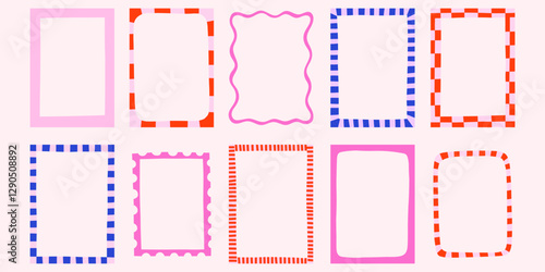 Whimsical wavy striped checkered colorful retro vector frames set