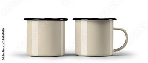 Mockup beige, tan mugs with black rim, png, set
