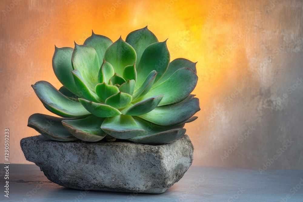 A vibrant green succulent in a rustic stone pot, bathed in warm, sunset-like light. A vibrant green succulent in a rustic stone pot, bathed in warm, sunset-like light.