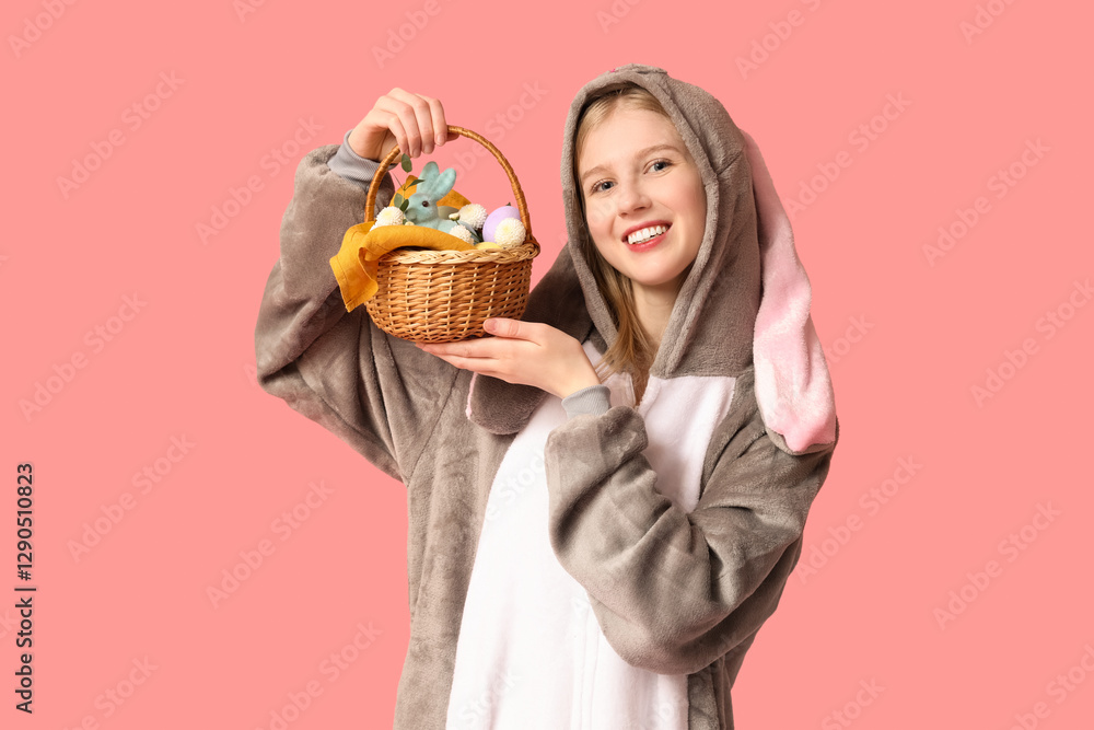 Beautiful young happy woman in bunny costume with wicker basket full of eggs on pink background. Easter celebration Beautiful young happy woman in bunny costume with wicker basket full of eggs on pink background. Easter celebration