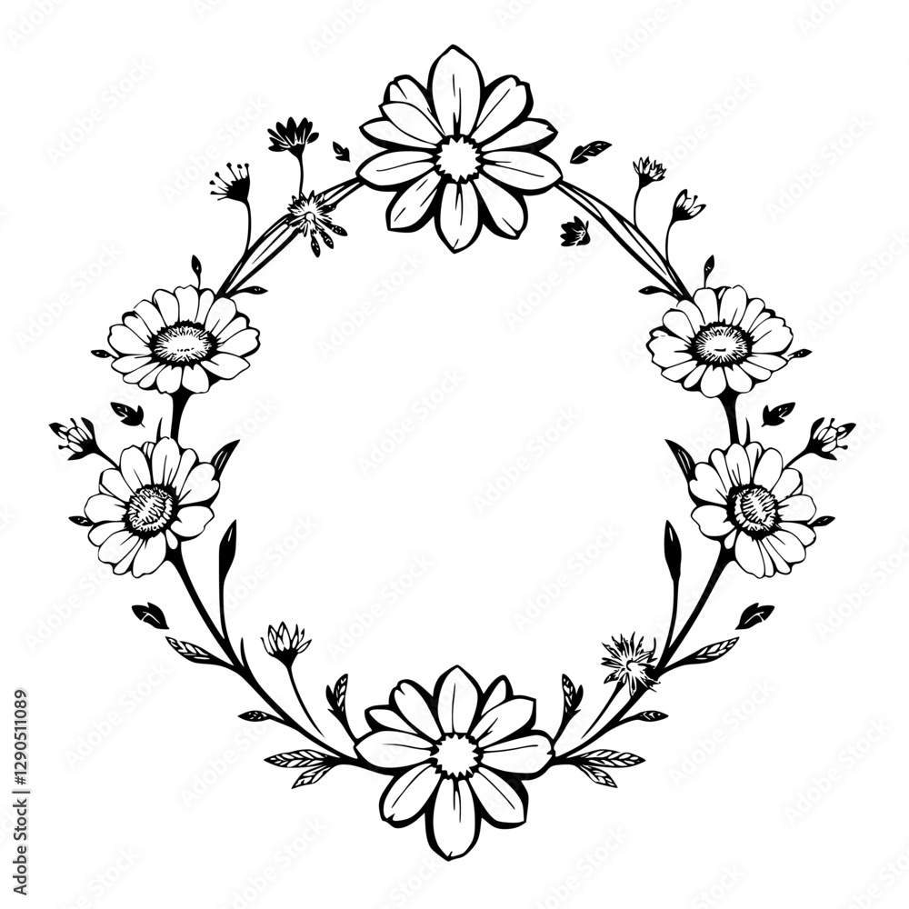 Elegant floral frame showcasing a delicate daisy-like wreath with grayscale details, black outline, and minimalist aesthetic. Elegant floral frame showcasing a delicate daisy-like wreath with grayscale details, black outline, and minimalist aesthetic.