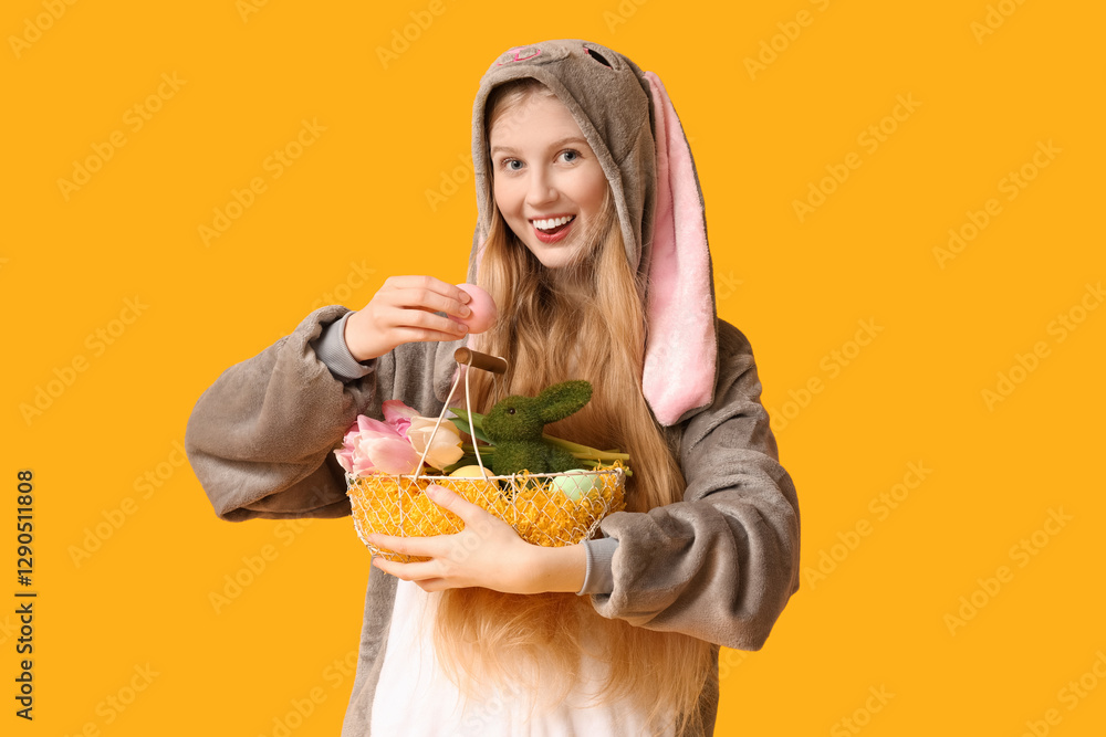 Beautiful young happy woman in bunny costume with basket full of eggs and flowers on yellow background. Easter celebration Beautiful young happy woman in bunny costume with basket full of eggs and flowers on yellow background. Easter celebration