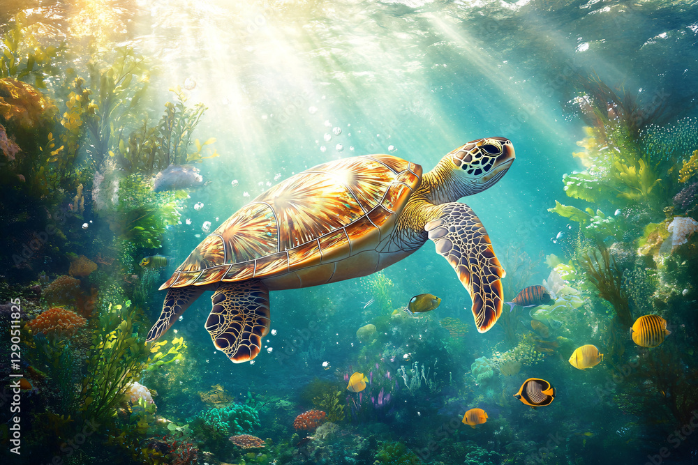 Obraz premium Sea turtle swims on the bottom of the blue ocean among sea inhabitants. Design template of the underwater world and biome diversity, for advertising diving, caring for nature and travel or vacation
