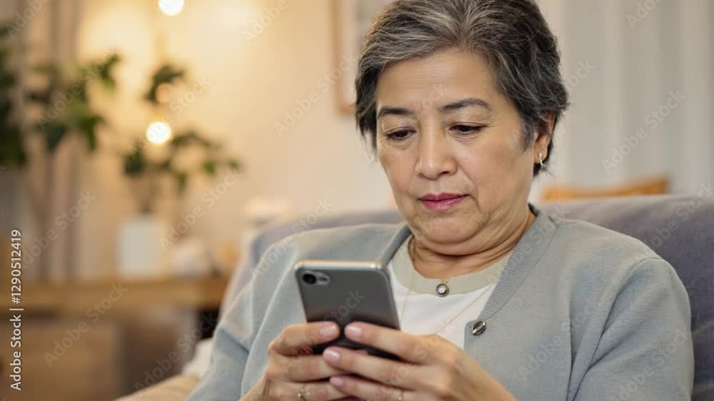 Senior Asian woman using smartphone to communicate with her friends at home Senior Asian woman using smartphone to communicate with her friends at home