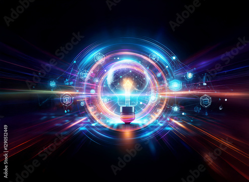 Abstract digital art with vibrant, glowing circles and lines on a black backdrop, creating a double exposure effect.  Energetic and futuristic, it evokes technology and digital motion.