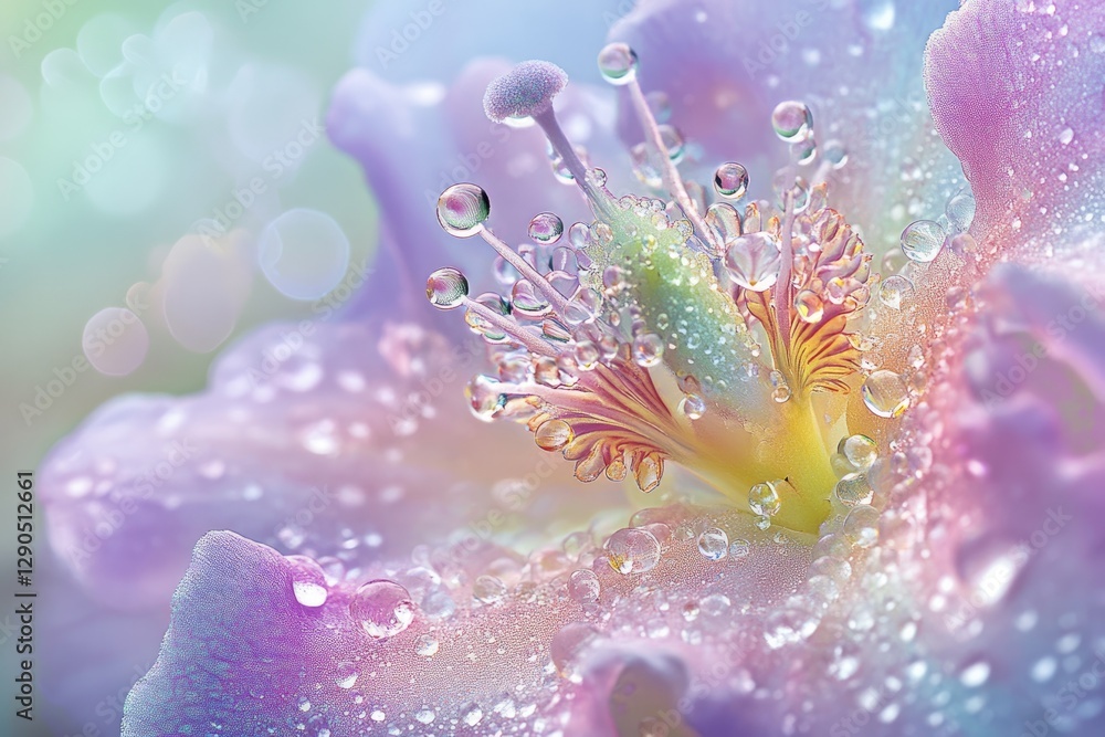 Naklejka premium Dewdrops adorn a pastel flower's delicate petals, creating a magical, ethereal scene.