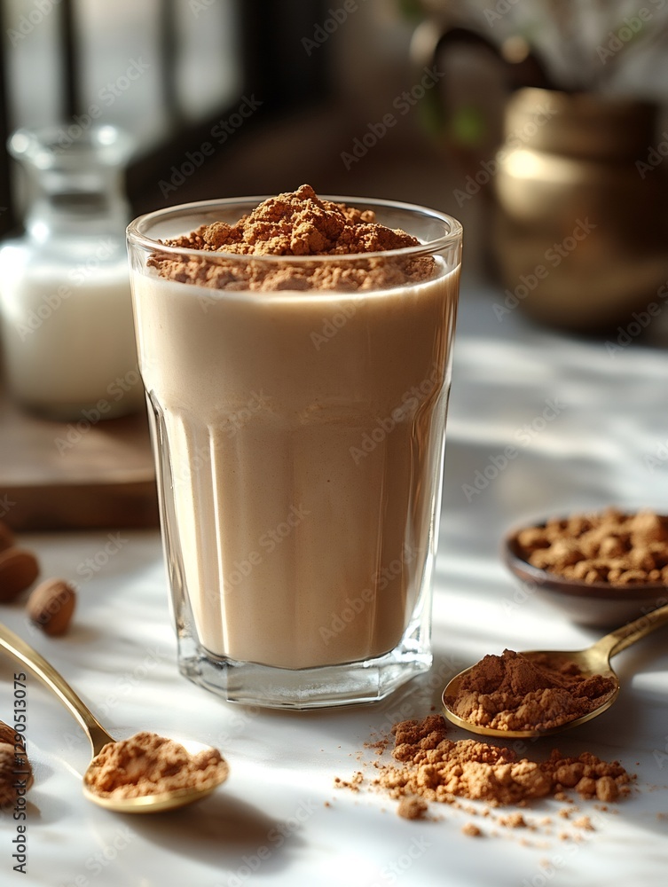 Glass of protein shake with cocoa powder and almonds on marble table Glass of protein shake with cocoa powder and almonds on marble table