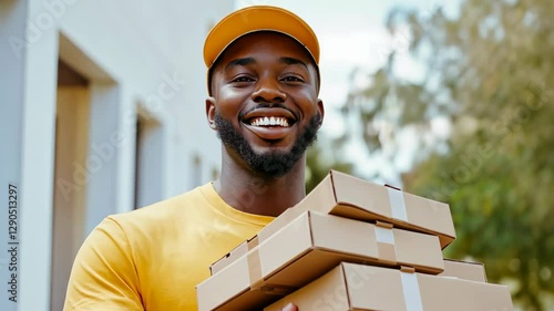 Young African man delivering packages with a cheerful smile in a vibrant neighborhood setting