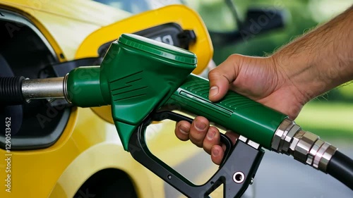 Adult   man refueling a yellow car with a green fuel pump at a gas station