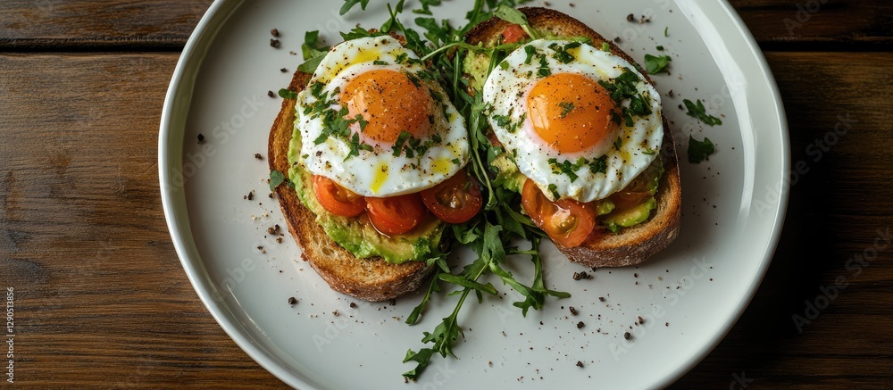 Delicious avocado toast with poached eggs on a white plate, topped with fresh herbs and cherry tomatoes, resting on a rustic wooden table. Delicious avocado toast with poached eggs on a white plate, topped with fresh herbs and cherry tomatoes, resting on a rustic wooden table.