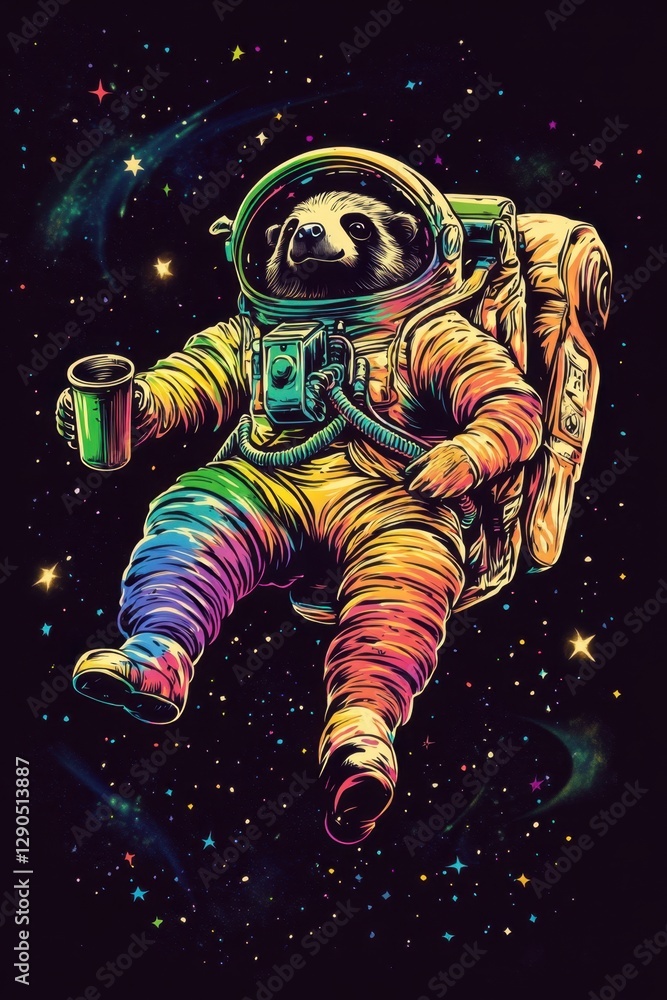 Space adventures of colorful astronaut sloth floating in vibrant galaxy Space adventures of colorful astronaut sloth floating in vibrant galaxy