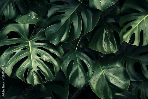 Wallpaper Mural Lush monstera leaves with dew drops in dense tropical foliage Torontodigital.ca