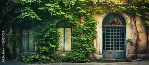 Overgrown ivy drapes elegantly over an aged stone facade featuring large windows and a blue door, illuminated by warm sunlight.