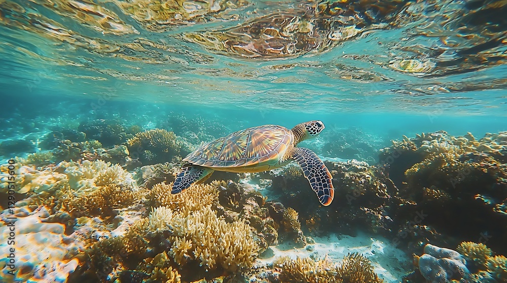 Fototapeta premium Graceful Sea Turtle Swimming Above Vibrant Coral Reef in Clear Aquatic Environment