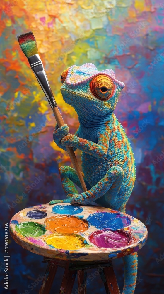 Obraz premium Colorful chameleon holding paintbrush in vibrant artistic setting